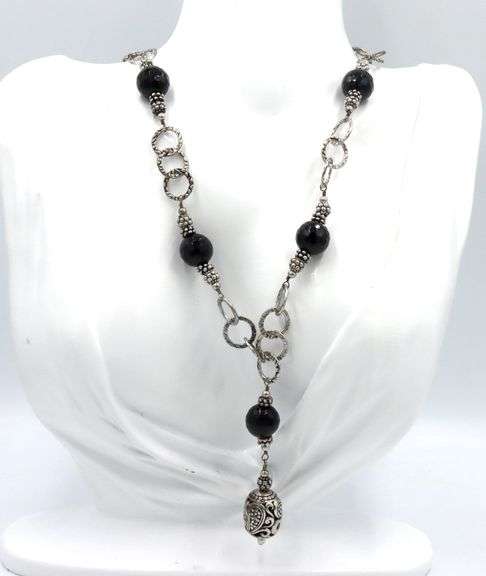 925 Sterling silver black onyx lariat necklace