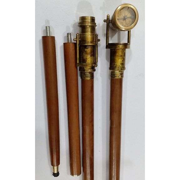 Wooden Walking Stick with Hidden Brass Telescope and Compass Handle