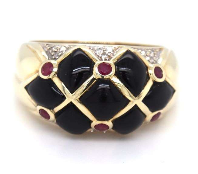 14kt Yellow gold black onyx, ruby and diamond accent dome ring