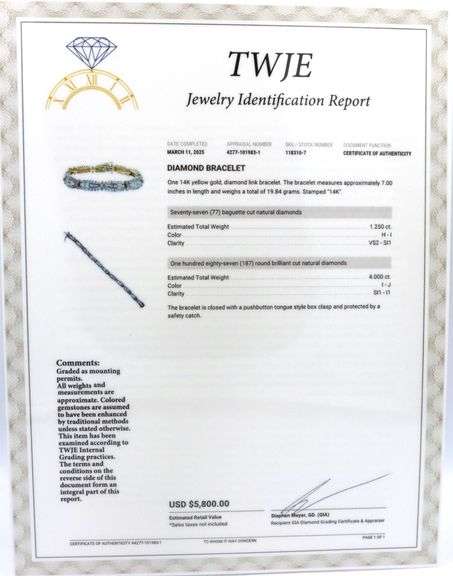 14kt Yellow gold 5.25ctw baguette and round diamond bracelet