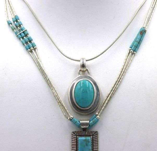 Lot of 2 American Indian turquoise sterling silver necklaces