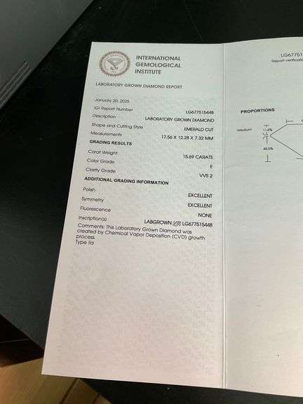 I.G.I CERTIFIED 15.69 CARAT LAB GROWN DIAMOND