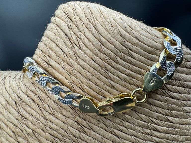 Gold Plated Sterling Silver 925 Pave 2-Tone 7.6mm Curb Chain Link Italy Bracelet 8" inch