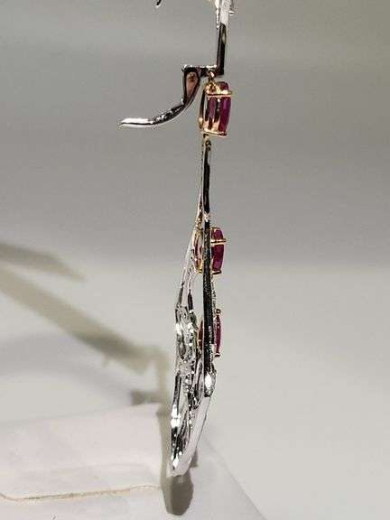 Opulent 18K White and Yellow Gold Chandelier Earrings with 4 Natural Rubies and 1.18 ct Diamond Acce