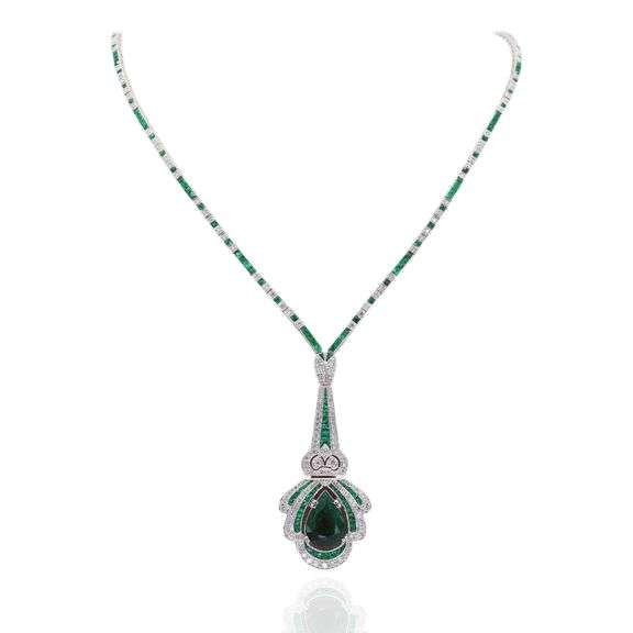 18k White Gold and Emerald Diamond Pear Necklace
