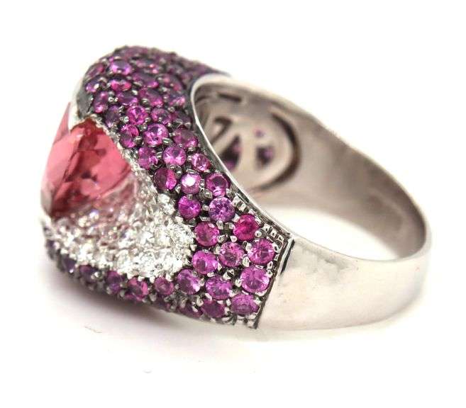 18kt White gold 4.50ct pink tourmaline and pave diamond and pink sapphire ring
