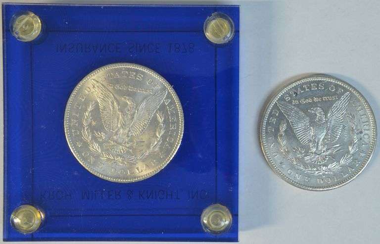1878-S in custom holder and 1897-S Morgan Silver Dollars in BU