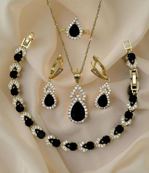 Timeless Classic 18 Kt Yellow Gold Plate 4 Piece Lab Simulated Black Diamomd Jewelry Set