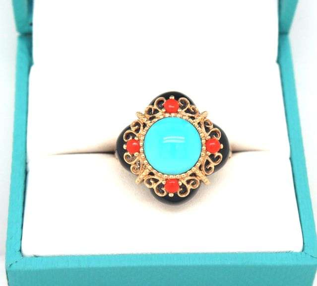 14kt Yellow gold black onyx, Turquoise and coral cocktail ring
