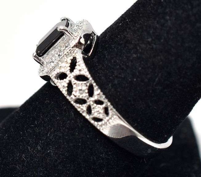 Black Spinel and Cz Gemstone Ring in Sterling Silver
