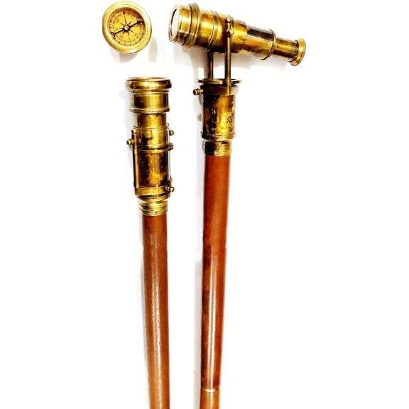 Wooden Walking Stick with Hidden Brass Telescope and Compass Handle