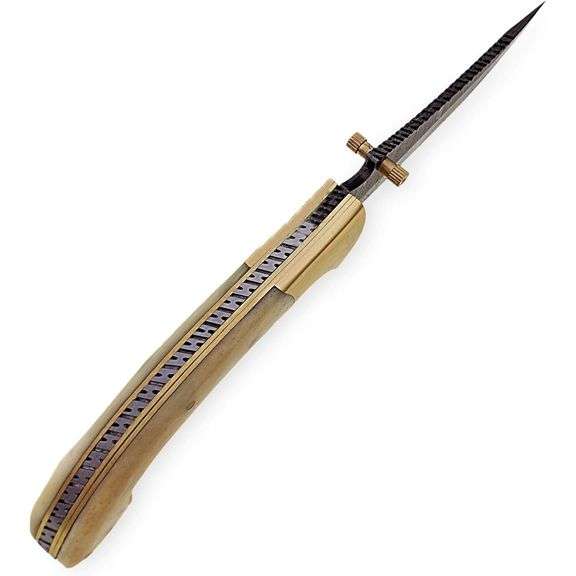 Damascus Steel Folding Pocket Knife Camel Bone Handle