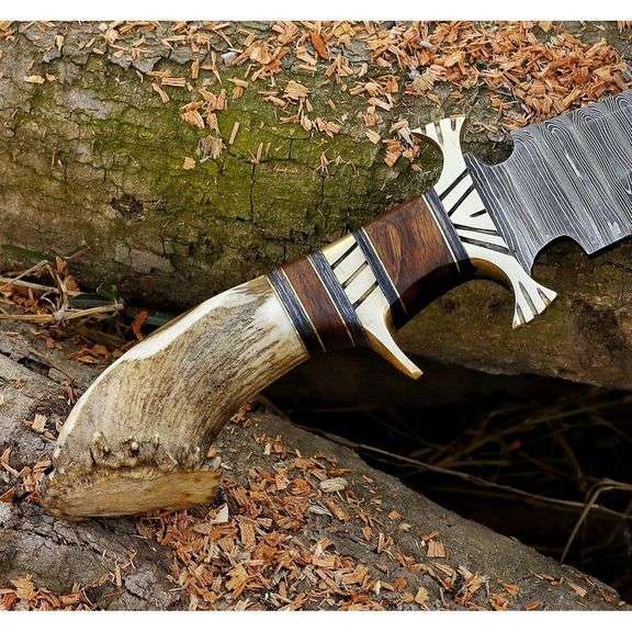 Damascus Steel Hunting Knife Stag Antler Handle