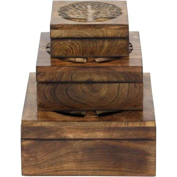 Set of 3 Handmade Wooden Boxes with Tree Carvings
