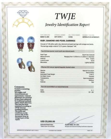 14kt Yellow gold South Sea cultured and ruby and diamond earrings