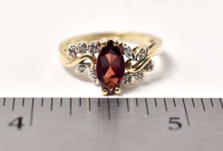 Elegant 10K Yellow Gold Diamond and Red Garnet Gemstone Ring