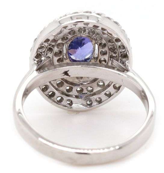 14kt White gold Tanzanite and diamond triple frame ring