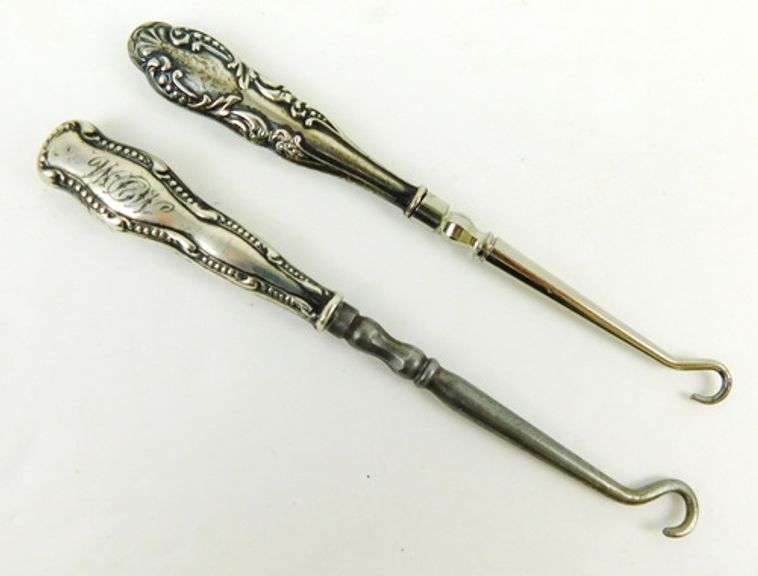 2 Small Sterling Silver Button Hooks