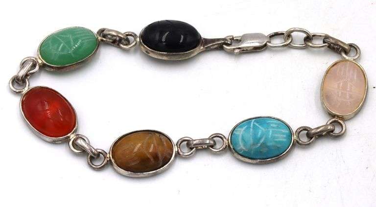 Group lot of 2 signed 925 sterling silver multi gemstone bracelets