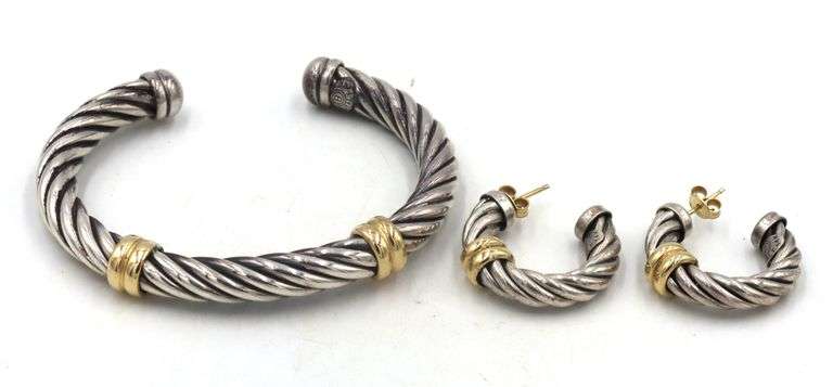 Set of 925 sterling silver cuff bangle and earrings