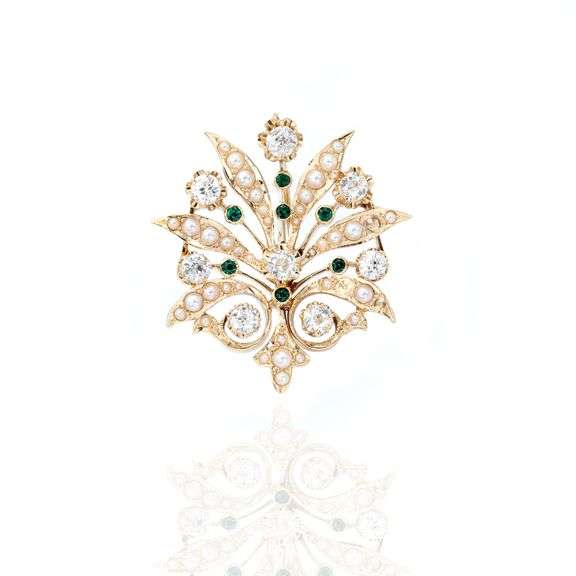 14k (585) Vintage Yellow Gold Natural Diamond and Emerald Brooch / Pendant