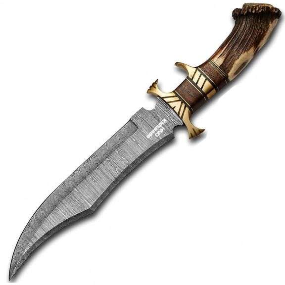 Damascus Steel Hunting Knife Stag Antler Handle