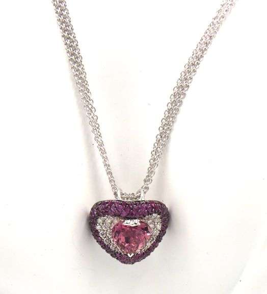 18kt White gold 4.50ct pink tourmaline and pave diamond and pink sapphire pendant on multi strand ne