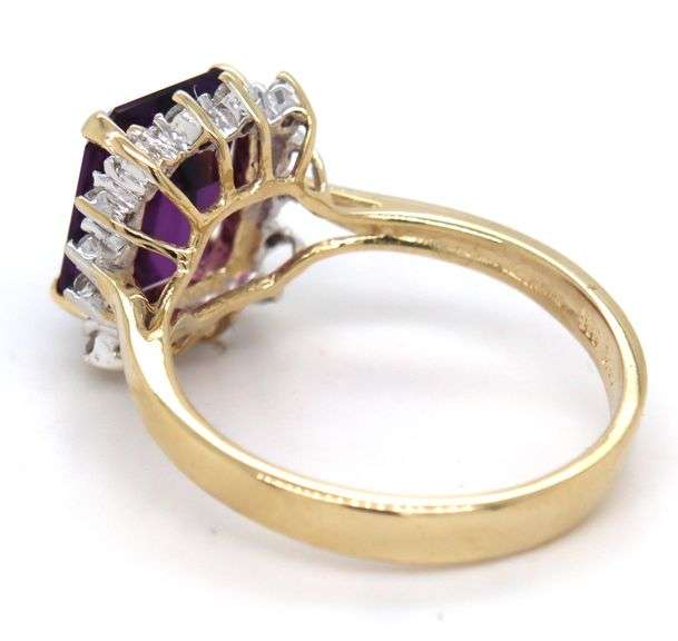 14kt Yellow gold 3ctw emerald cut amethyst and diamond accent ring