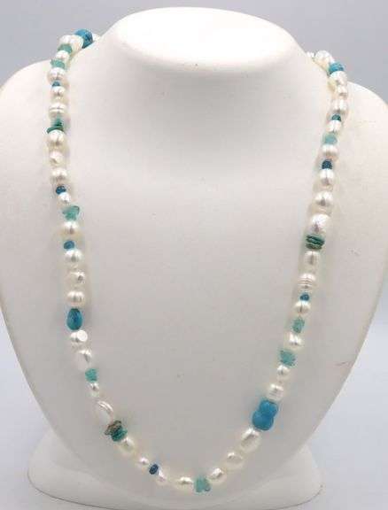 Pearl and turquoise strand necklace