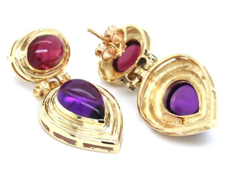 14kt Yellow gold Garnet and Amethyst cab dangle earrings