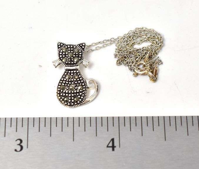 Marcasite Gemstone Cat Pendant Necklace in Sterling Silver