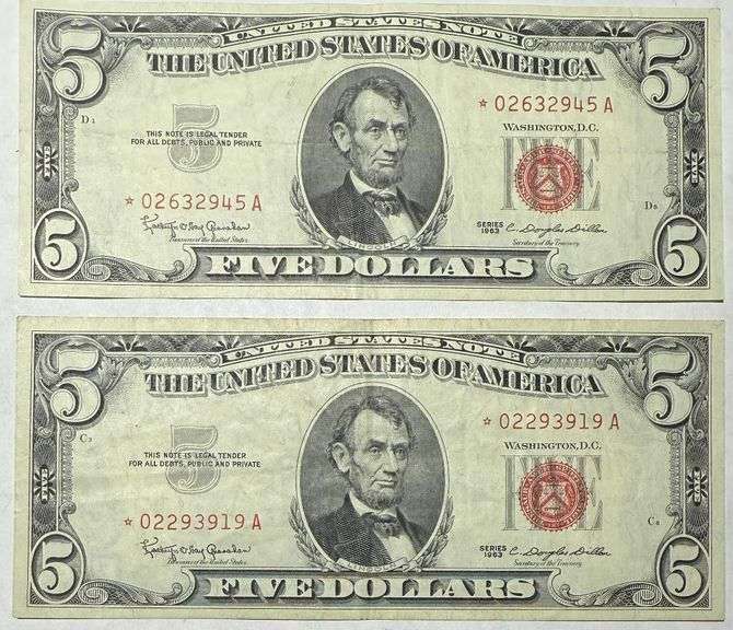 2 1963 Series Almost Slider Star $5 Red Seal US Notes