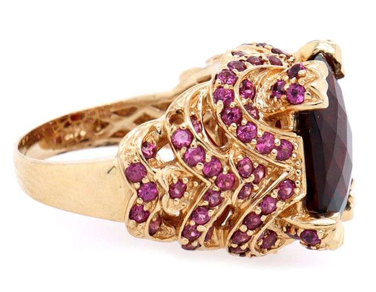 14kt Yellow gold garnet and pink tourmaline scalloped ring