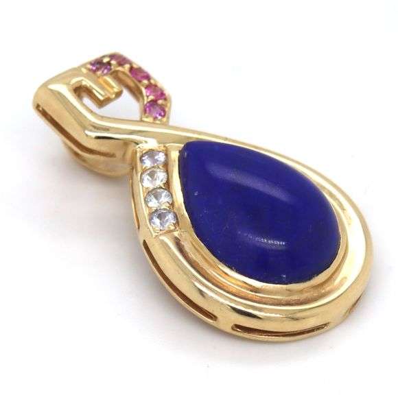 14kt Yellow gold lapiz pendant with diamond and pink topaz accent
