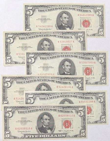 6 1963 Series Slider $5 Red Seal US Notes