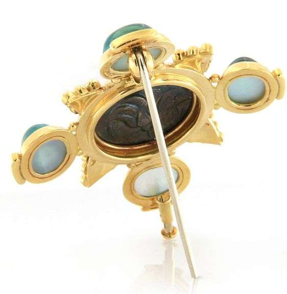 18kt Yellow gold Elizabeth Gage Ancient Coin and Aquamarine Cabochon Brooch