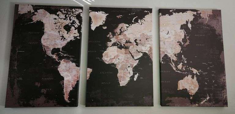 Set of 3 World Map Wall Art Framed Canvas