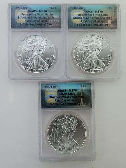 2021 (P) (S) (W) American Silver Eagles Set, ANACS - MS70