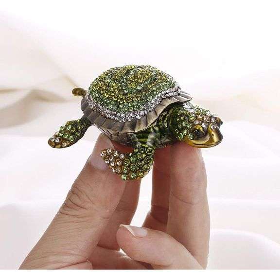 Hand-Painted Rhinestone Turtle Trinket Box