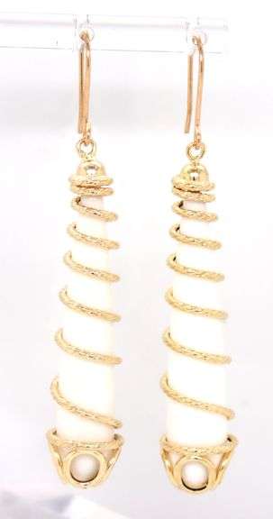 14kt Yellow gold white and gold swirl dangle earrings