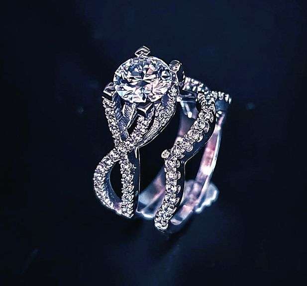 Sparkling 14 K White Gold Plated 3.75 Ct Ice White1 Lab Simulated Diamond 2 Band Engagement Ring