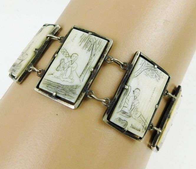 Early Asian Bone Scrimshaw Panel Link Bracelet
