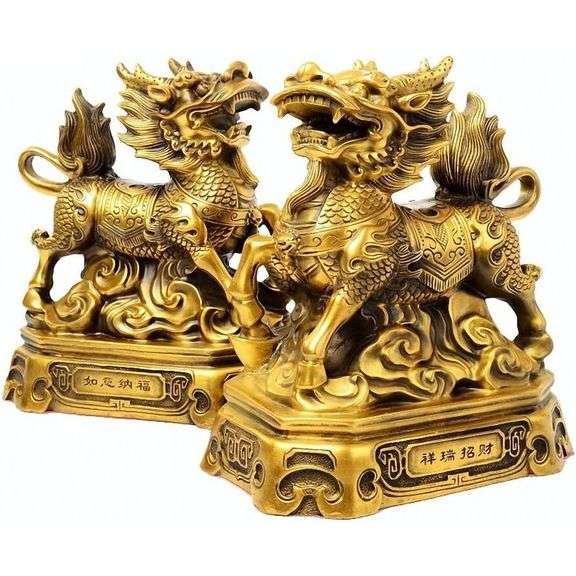 Lot of 2 Brass Feng Shui Kylin for Wealth and Protection