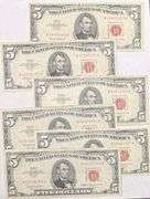 6 1963 Series $5 Red Seal US Notes.