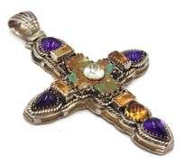 Large 925 sterling silver multi gemstone cross pendant
