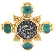 18kt Yellow gold Elizabeth Gage Ancient Coin and Aquamarine Cabochon Brooch