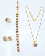 Gorgeous 18 Kt Gold Plate 5 Piece Lab Simulated Amethyst and Diamond Jewelry Set