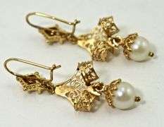 Feminine 14K Yellow Gold Filigree Pearl Dangle Earrings
