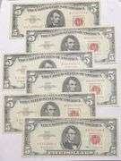 6 1963 Series Slider $5 Red Seal US Notes.