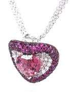 18kt White gold 4.50ct pink tourmaline and pave diamond and pink sapphire pendant on multi strand ne